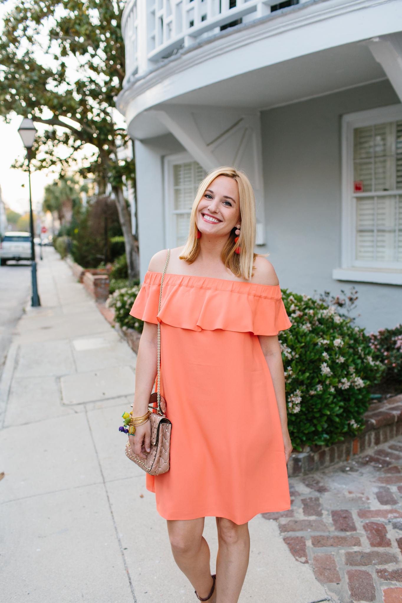 Coral off sale the shoulder dress